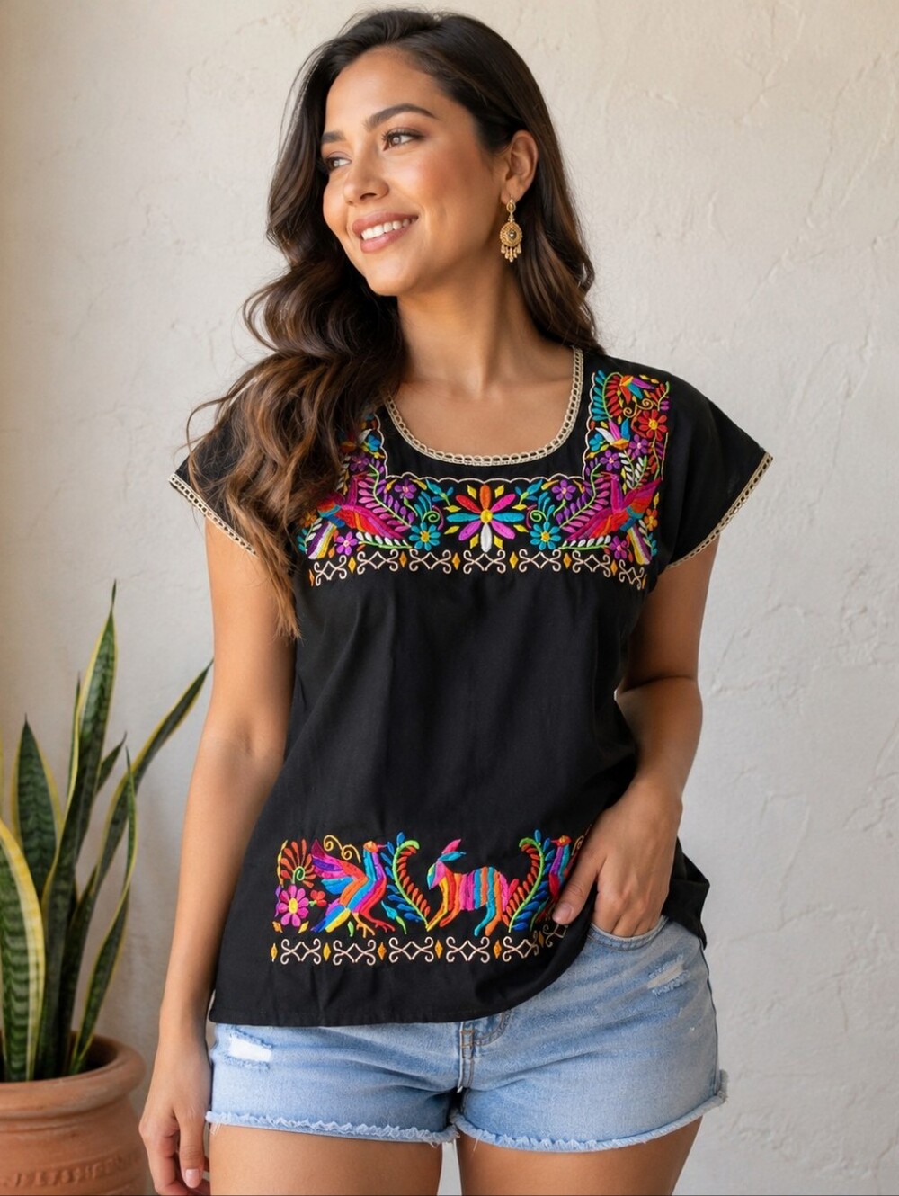 Women's Mexican Embroidered Blouse Black Artisan Short Sleeve Top Size M